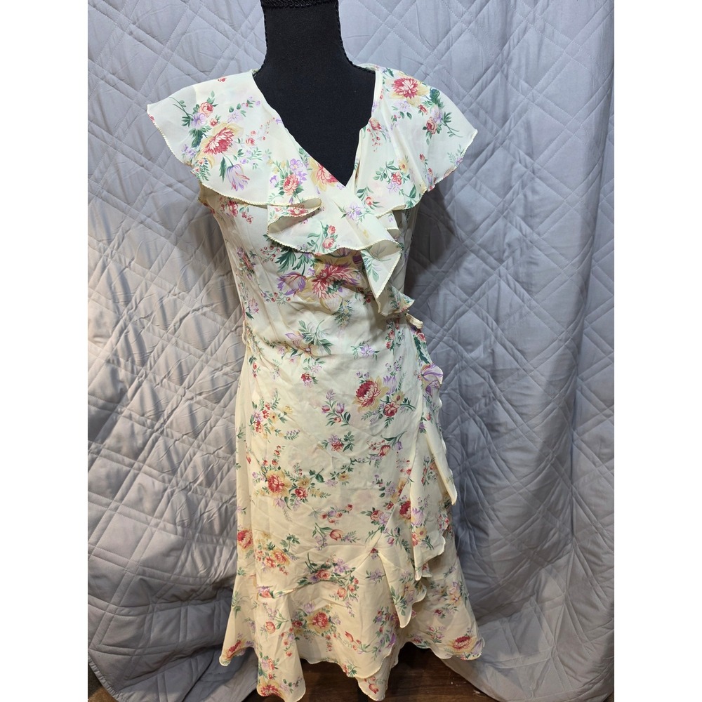 Vintage Bonwit Teller Karen Tepper Floral Ruffle Wrap Dress Ivory XS